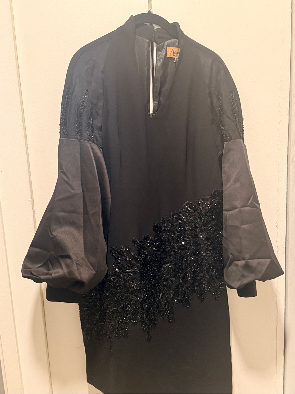 Black Long-Sleeve Sequin-Embellished Balloon Sleeve Dress